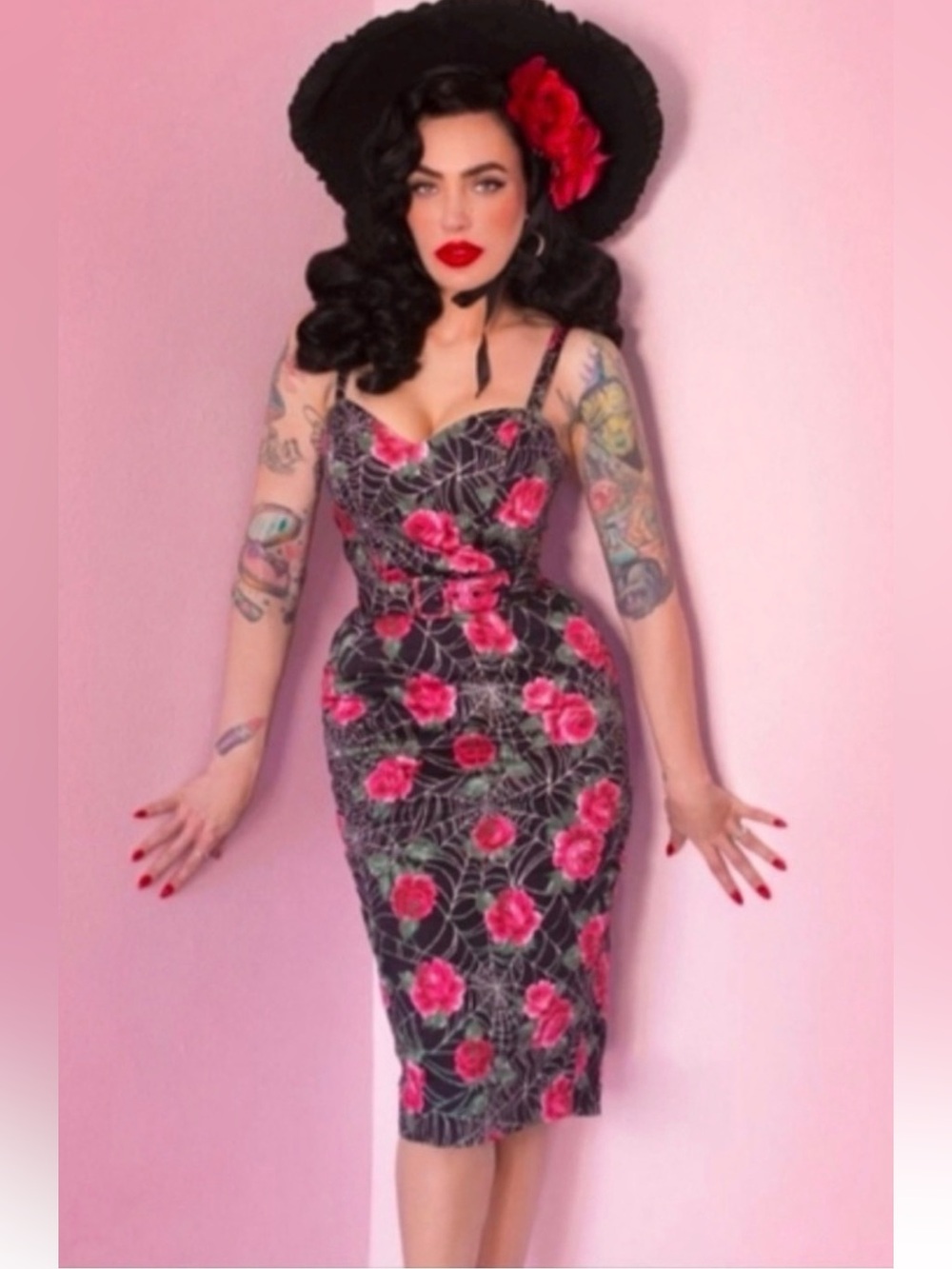 Rare! Pinup collectible Vixen by Micheline Pitt Floral Spiderweb Bodycon Rose